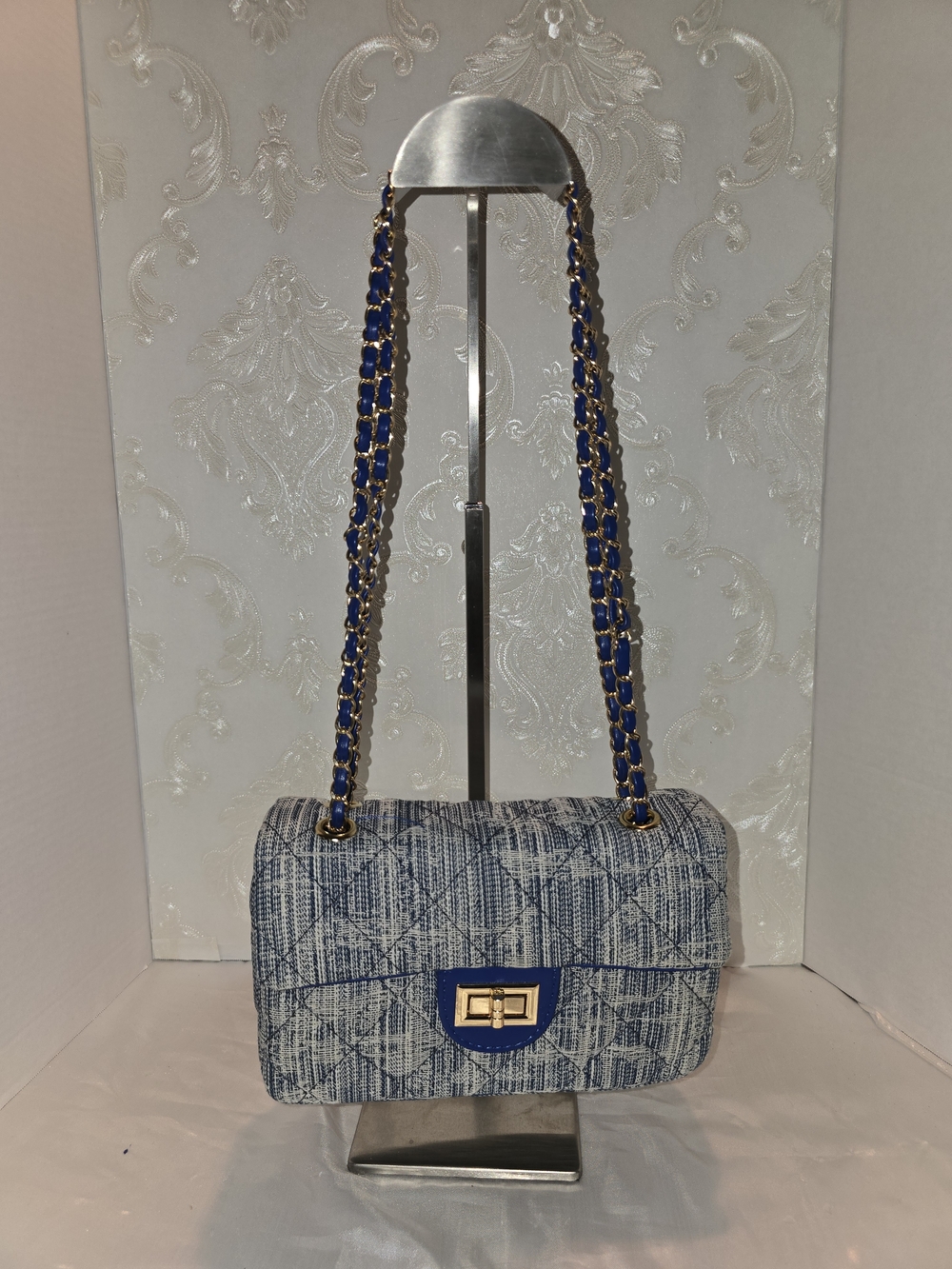 Blue Quilted Chain-Strap Shoulder Bag/Crossbody